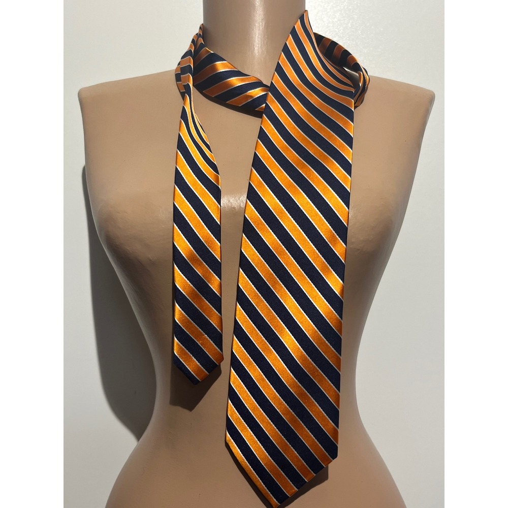 Nautica Mens Silk Necktie Orange Navy Blue White Striped Classic Repp Tie